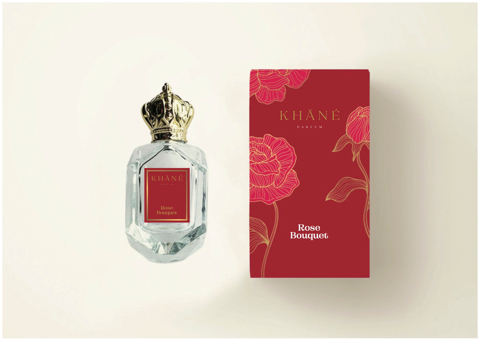 A bottle of Rose Bouquet perfume placed beside Its striking red a box.