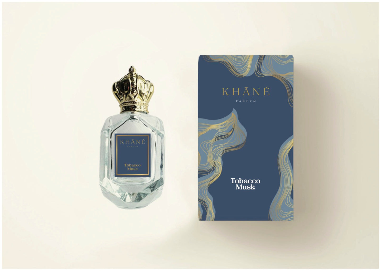 A bottle of Tobacco Musk perfume placed beside a Its blue box It shows how luxury perfume is affordable.