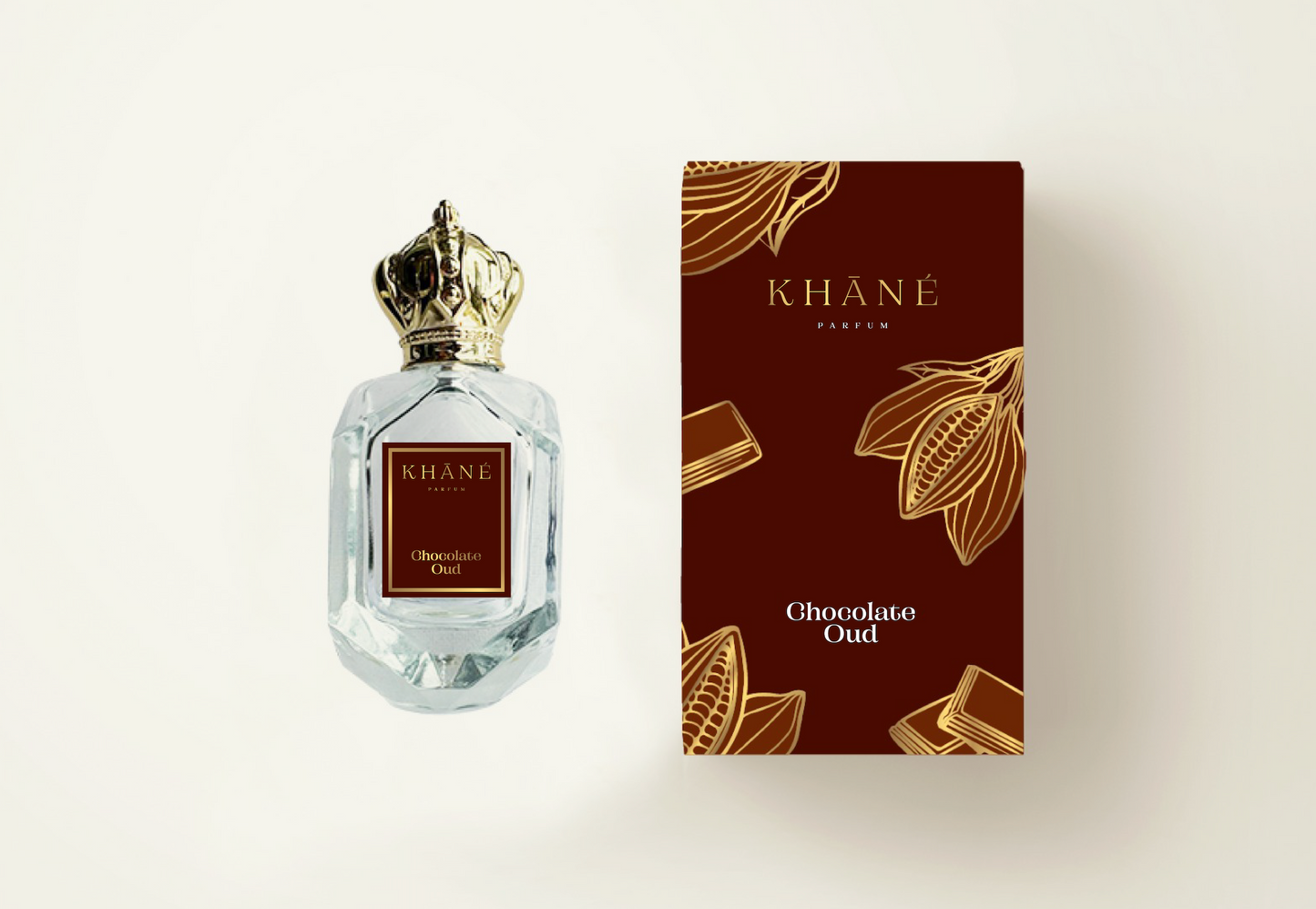 A bottle of Chocolate Oud perfume placed beside its box, creating an elegant and luxury display.